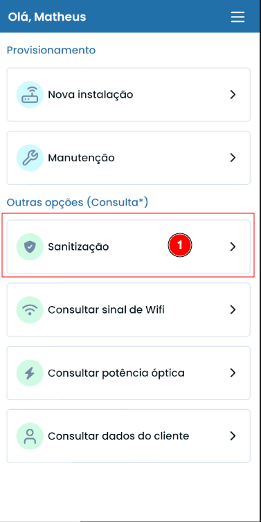Menu com opção de sanitização no app Int6 – Provisionamento