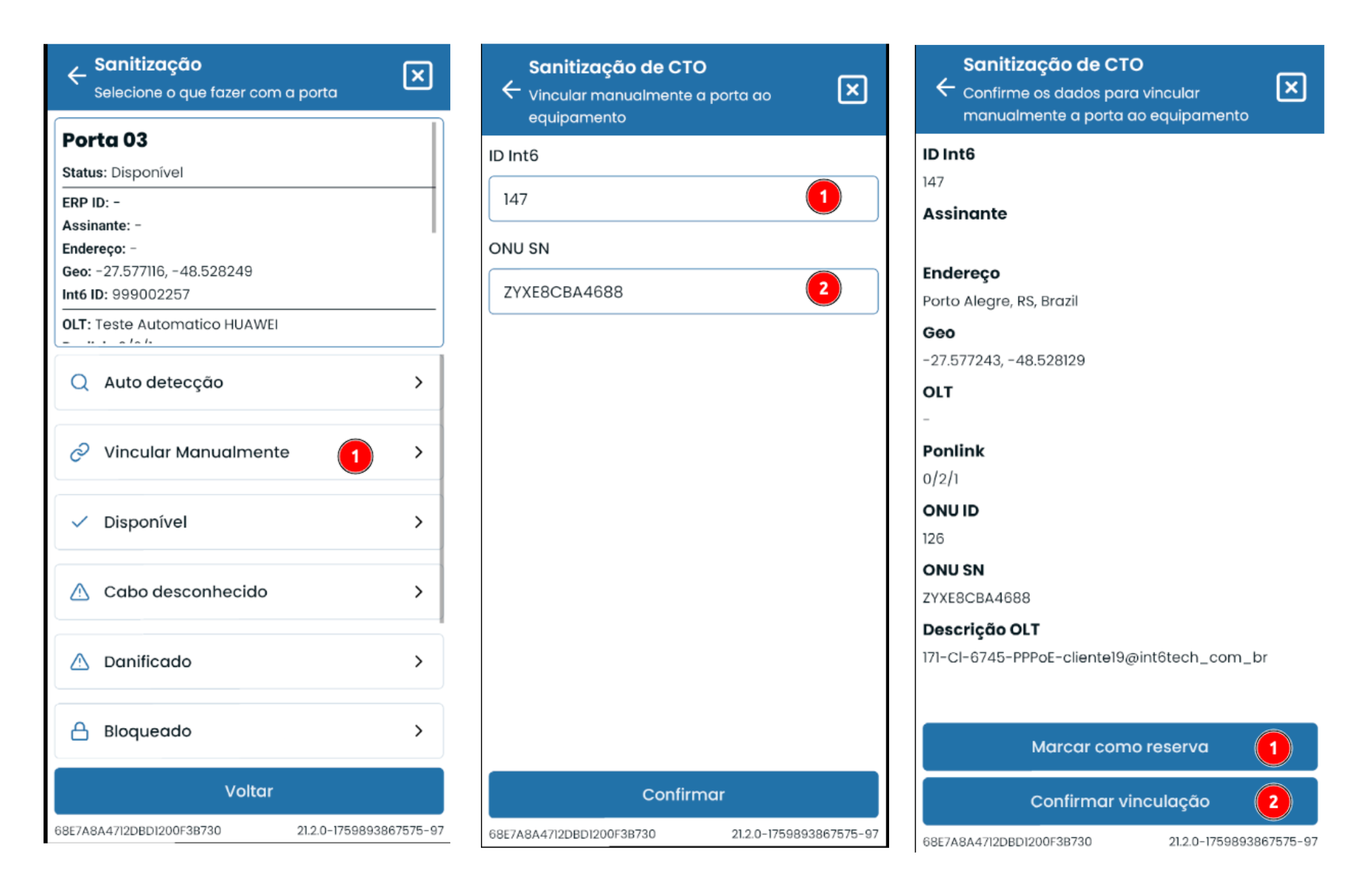 Tela de vínculo manual e reserva de porta no app