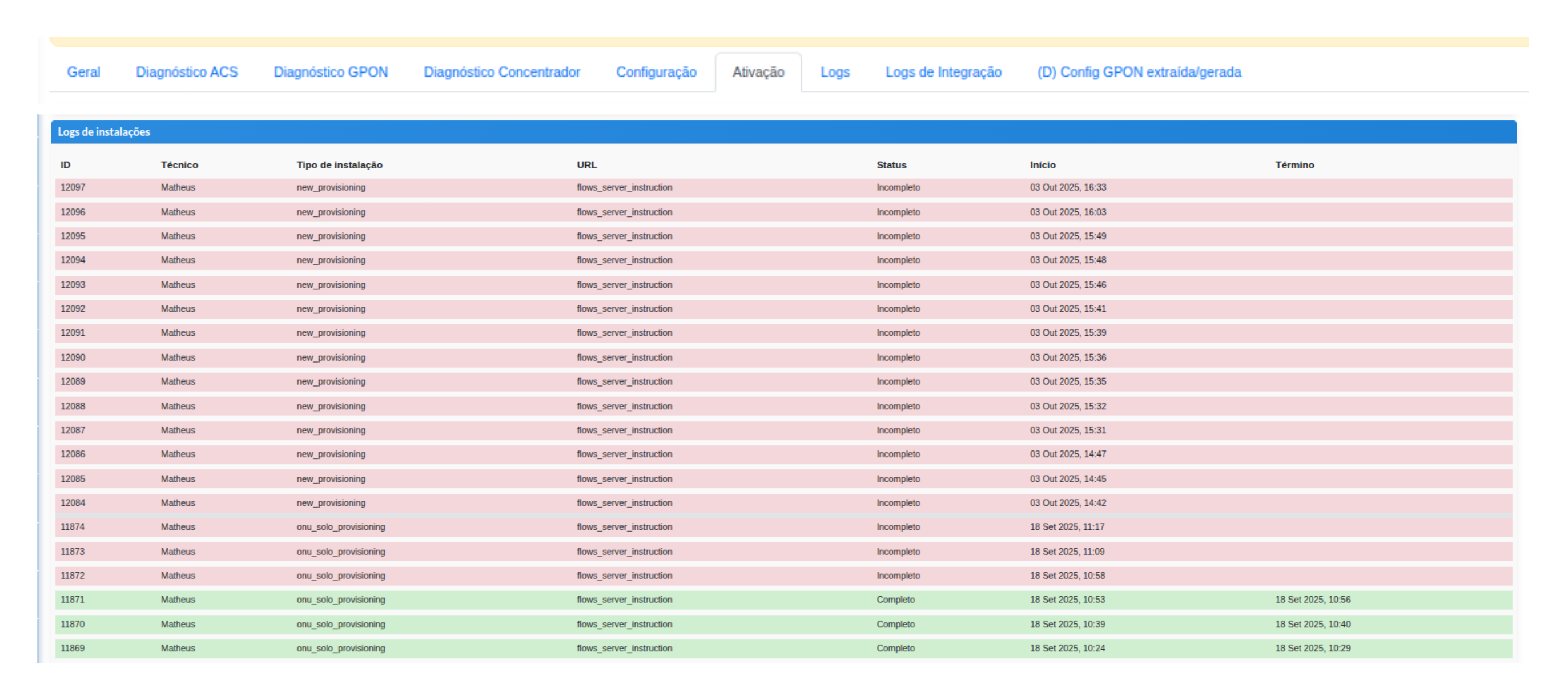 Tela de Log de Instalações