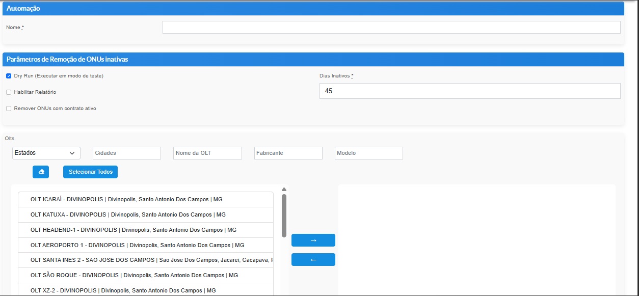 Tela de seleção de OLTs para remoção de ONUs