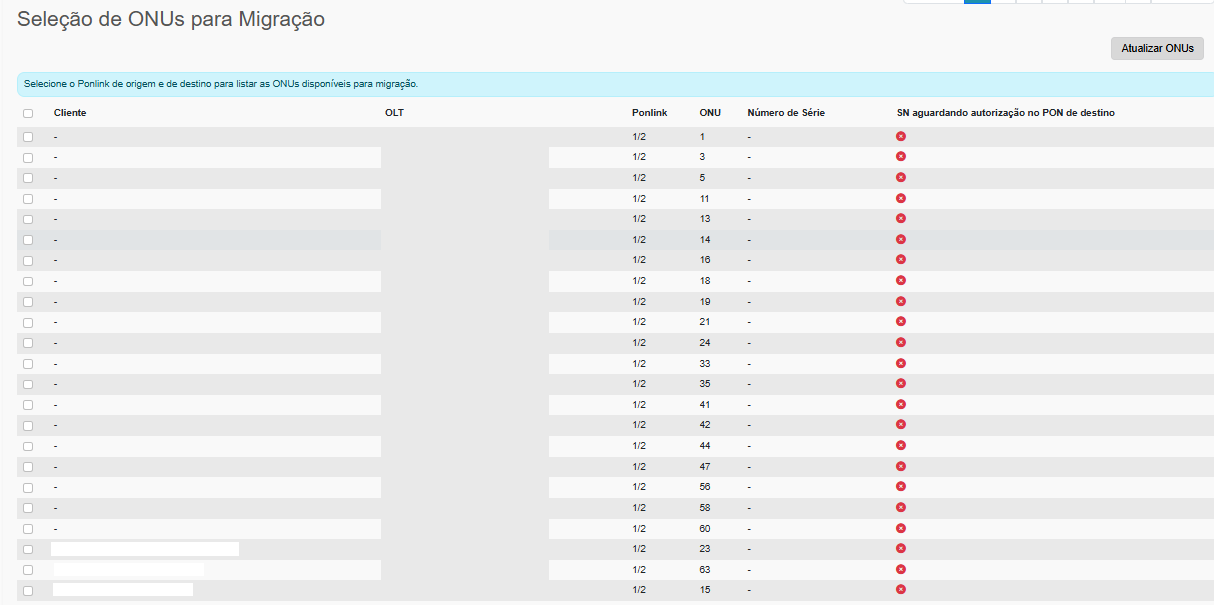 Tela de seleção de ONUs para migração