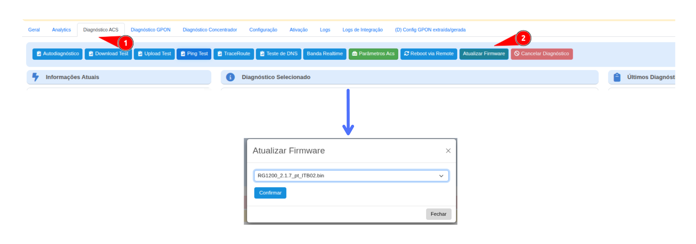 Tela de Atualização de Firmware no ACS